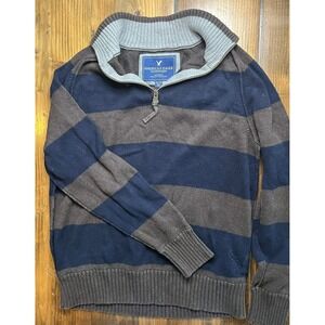 American Eagle Outfitters Mens Striped Quarter Zip Sweater Navy Brown XL